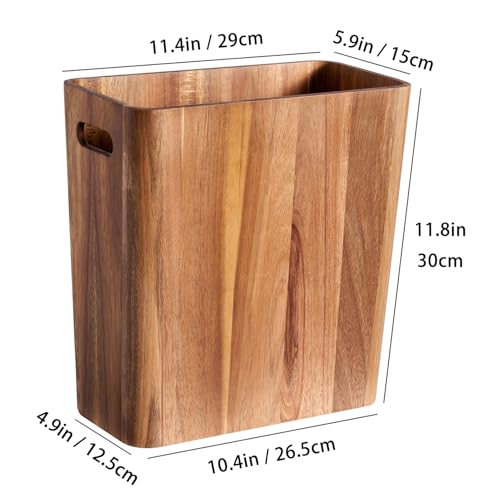 3 Gallons Wooden Wastebaskets, Solid Acacia Wood Waste Basket with Handles, Rectangular Trash Can, Garbage Bin for Bedroom, Bathroom, Kitchen, Living Room, Office Decorative