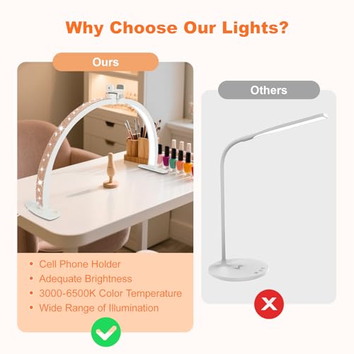 Half Moon Light for Nail Desk with Phone Holder, 28IN Folding Half-Moon Light with Shinning Diamond, LED Lamp for Nail Art, Eyelash Extension, Tattooing, Skin Management, 10 Brightness Levels, Gold