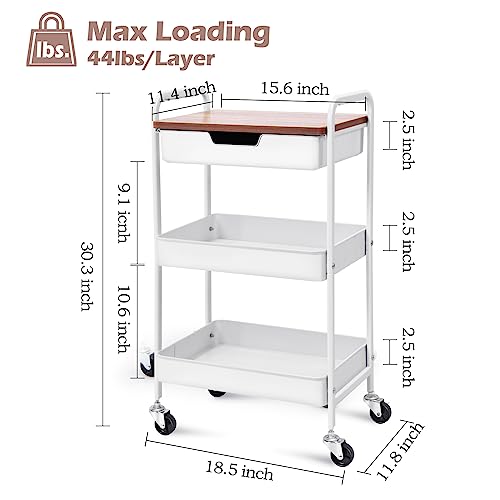TOOLF 3-Tier Metal Utility Rolling Cart with Drawer & Wooden Table Top, Storage Cart White Trolley Kitchen Organizer Rolling Desk with Locking Wheels for Office, Classroom, Dorm, Bedroom