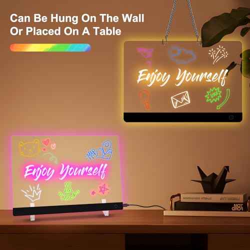 LED Note Board with Colors, Acrylic Dry Erase Board, 13.7 * 10 Inch Light Up Message Board, Reusable LED Drawing Board with Stand & 7 Markers for Home, Kitchen, Office, Bedroom, School