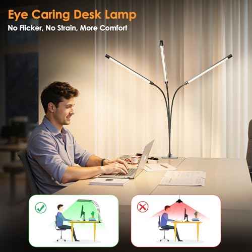 ShineTech 3-Head LED Desk Lamp with Clamp, Eye-Caring Clip-on Light for Home Office, 4 Color Modes & 6 Brightness Levels, 360¡Æ Flexible Gooseneck Desk Lights for Dorm Room, Reading, Nail, Black
