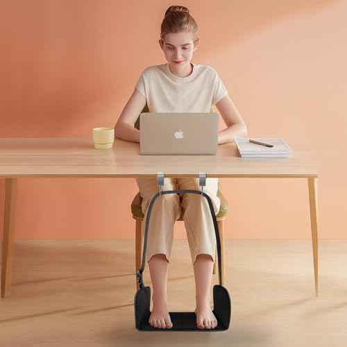 Airplane Foot Rest, Office Footrest Under Desk with 4 Hooks, Widen Airplane Footrest Flight Hammock Memory Foam Travel Foot Sling for Work Gaming Travel Essentials, Black