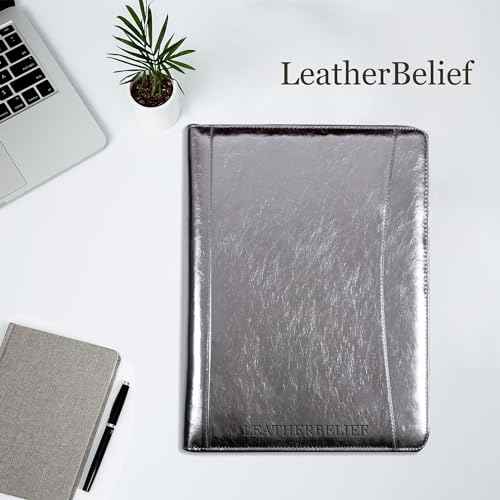 Glossy Silver Eco-Friendly Leather A4 Portfolio with Zipper 5 Card Slots, 1 ipad and 1 Cell Phone Pockets, 3 Pen Holders, 1 Zipped Pocket, 3 Ring Binder, and More