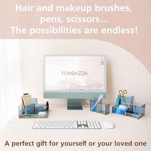 FONDAZZA 5-Compartment Desk Organizer for Home Office Supplies, Gold Brass with Blue Glass, Workspace Storage for Stationery, Cosmetic, Makeup Tools and Brush.