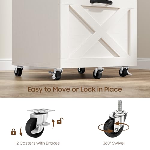 Halitaa 3-Drawer Farmhouse File Cabinet on Wheels - Rustic White, Includes Locking Casters