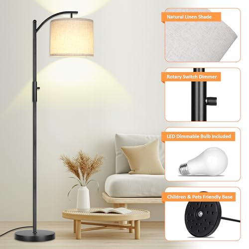 Dimmable Floor Lamp, Arc Floor Lamps for Living Room, Stepless Dimming Modern Standing Lamp with Linen Shade, Tall Lamp for Bedroom Office Dining Room- Black