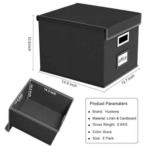 Huolewa File Organizer Boxes with Lids, Collapsible Linen Hanging Filing & Storage Boxes with Plastic Slide for Office/Decor/Home, Filling System for File/Folders/Document Storage -2 Pack