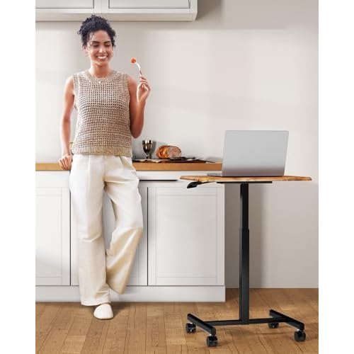 Simple Deluxe Standing Desk Small Rolling Desk with Lockable Wheels, Mobile Stand Up Desk Adjustable Height, Portable Laptop Desk, Small Computer Standing Table Sit Stand Brown
