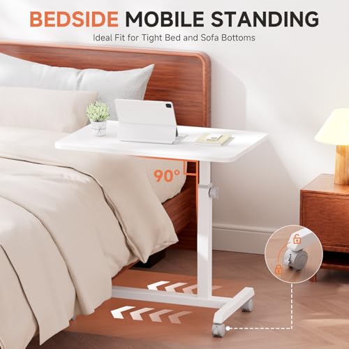 GTRACING Mobile Small Standing Desk, Sit Stand Portable Rolling Laptop Desk with Lockable Wheels, Adjustable Height Overbed Bedside Table Computer Workstations, White