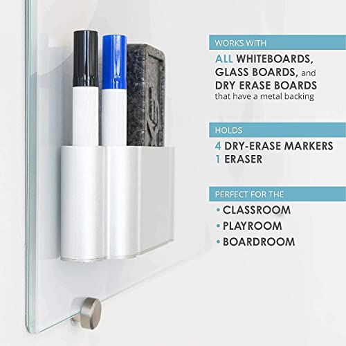 Glassboard Studio Magnetic Dry Erase Marker Holder - Aluminum Organizer with Powerful Neodymium Magnets for Magnetic Glassboards, Whiteboards, Refrigerator, Locker - White board Accessories & Storage
