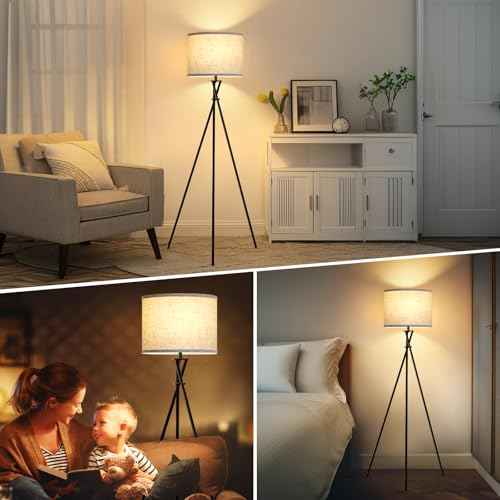 Tripod Floor Lamp Black, 61¡± Tall Floor Lamps, Standing Lamp with Rotary Switch, Modern Floor Lamp Simple Design with Beige Shade, Floor Lamps for Living Room, Bedroom, Office, Without Bulb