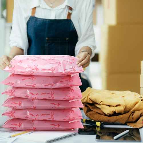 200 Pack 10x13 Pink Bow Poly Mailers Set Waterproof Self Adhesive Cute Shipping Bags with Thank Cards and Stickers Set for Small Business Large Mailing Envelopes Bulk Tear Resistant