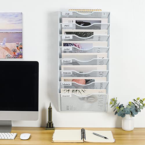 PAG Hanging Wall File Holder Organizer Mail Sorter Literature Rack for Office, 8 Pockets, White