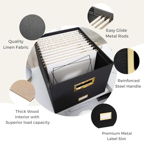 BLU MONACO Hanging File Box with Lid - Black Document Organizer for Letter & Legal Size Paperwork