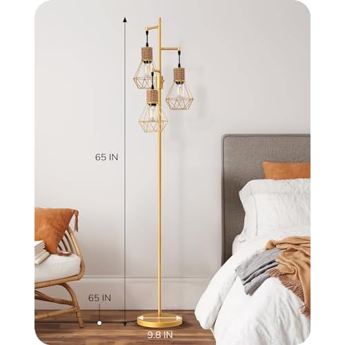 EDISHINE Dimmable Industrial Floor Lamp, Farmhouse Standing Lamp for Living Room with 3 LED Edison Bulbs, Diamond-Shaped Cage, Corner Rustic Rattan Reading Lamps for Bedroom, Office, Gold