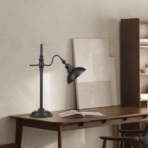 Industrial Desk Lamp,Black Farmhouse Desk Lamp,Adjustable Rustic Modern Table Lamps,E26 Vintage Metal Desk Lamps for Office Living Room Dorm