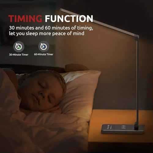LED Desk Lamp with Wireless Charger, USB Charging Port, 10 Brightness, 5 Color Modes, Desk Lamps for Home Office, Dimmable Table Lamp Eye Caring Reading Light, Touch Control, Auto Timer, Black