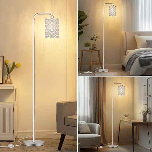 QiMH Industrial Floor Lamp for Living Room, Modern Standing Lamp with Crystal Lampshade Pedal Switch, 67¡± Tall Lamp for Bedroom Study Room, Silver (2700K LED Bulb Included)