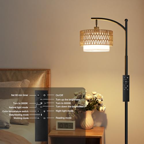 Ambimall Arc Floor Lamp for Living Room with Remote, Color Temperature & Brightness Adjustable, Boho Standing Lamp with Rattan & Fabric Double Drum Shades, Bulb Included(Black)
