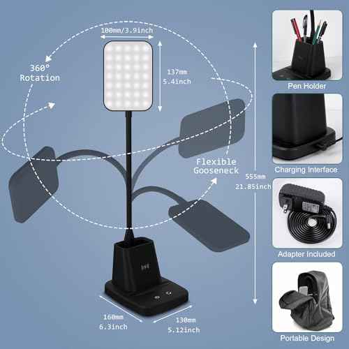 Sailstar Desk Lamp, LED Desk Lamps for Home Office, Wireless Charger Small Desk Lamp with Pen Holder, 3 Color Modes, Dimmable, CRI 85, 800LM, Study Lamps for College Dorm Room, Adapter Included, Black
