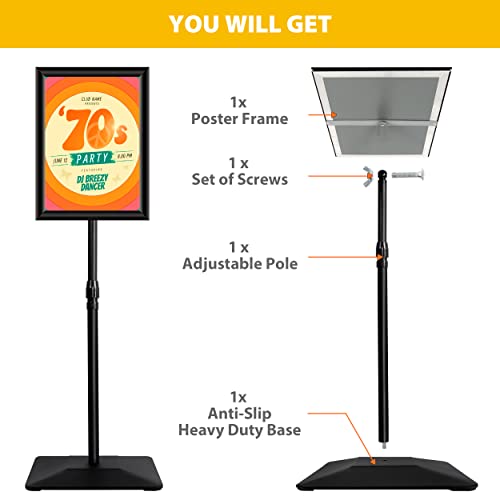 11"x17" Pedestal Poster Sign Holder Stand with Heavy Duty Solid Steel Base, Adjustable Floor Standing Sign Holder for Vertical and Horizontal View Sign Super Stable Displayed Stands, Black