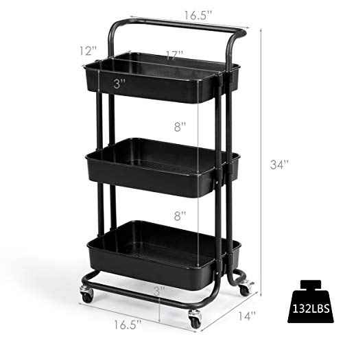 Giantex 3-Tier Utility Cart, Storage Rolling Cart with Casters, Multifunctional Organizer Cart with Top Handle, ABS Mesh Baskets, Storage Trolley with Brakes for Home and Office 16.5"x14"x34"(Black)