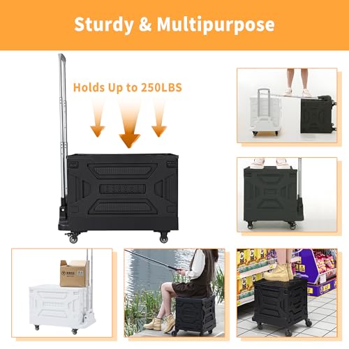 VECELO Foldable Shopping Cart with Wheels, Collapsible Rolling Crate for Groceries, Folding Storage Box with Handle, Three Modes of Use, Ideal for Teacher, Trip, Outdoors, Etc., 23GAL,Black