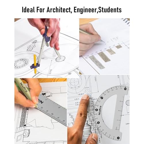 Nicpro 20PCS Professional Geometry Set with Case, Drafting Tools with Protractor and Compass, Metal Rulers, Triangles, Pens, Pencils, Drawing Supplies, Drafting Kit for Architect Engineer Students