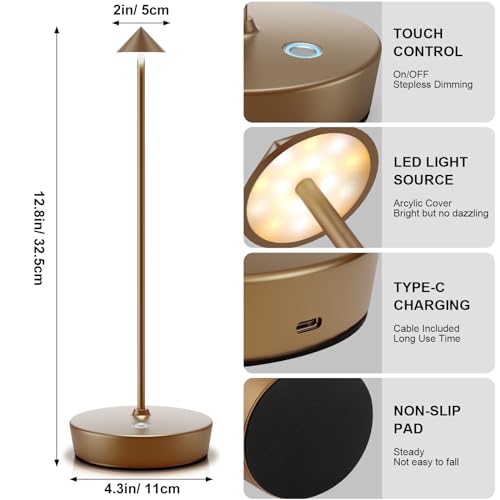 2Pack Rechargeable Cordless Table Lamp, Portable Powered LED Battery 6000mAh Metal USB Desk Lamp, 3 Levels Brightness Light for Restaurants Outdoor (2pack Titanium)