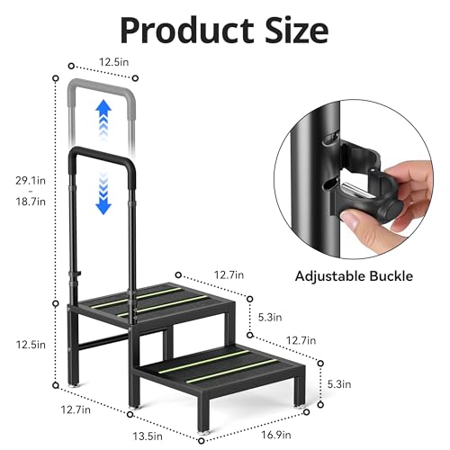 Josmimic 2 Step Stool with Handle - Heavy Duty Non-Slip Bedside Stool (Black, Adjustable Handrail)
