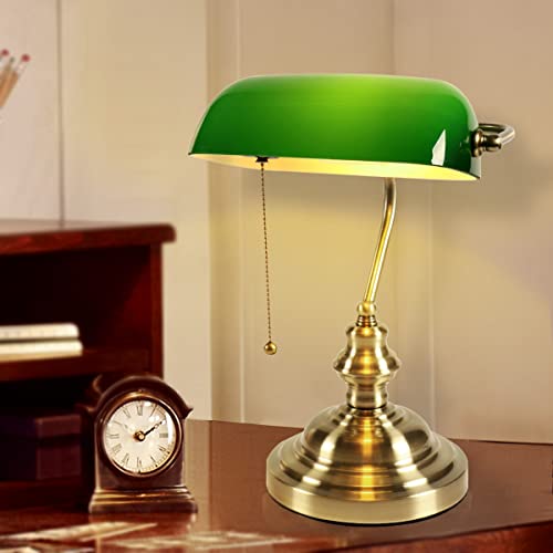 Bankers Lamp Green, Vintage Library Lamp with Pull Chain, Traditional Green Glass Desk Lamp for Home Office, Study Room, Library, LED Bulb Included