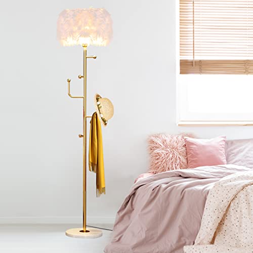 Feather Floor Lamp Standing Lamp with Coat Rack for Living Room,Modern Metal Hall Coat Tree with 5 Hooks,Pole Lamp Reading Floor Lamp for Bedroom and Living Room