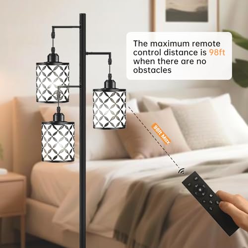 New Upgraded 72" Tall Dimmable Floor Lamp with Remote Control & White PC Shades, Farmhouse Standing Lamp with Bulbs, Industrial Tree Pole Floor Lamps for Living Room, Bedroom, Study Room, Office-Black