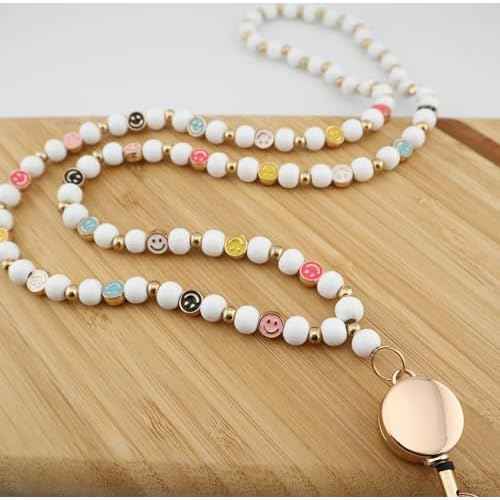 Smile Teacher Lanyard for Women with Retractable ID Badge Reel and Keychain Cute Happy Beads Lanyard