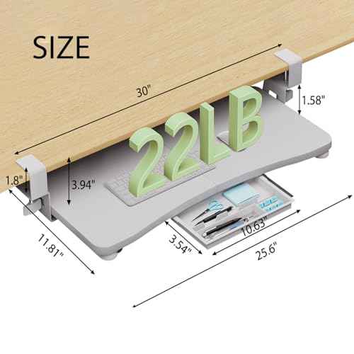 Desktop Keyboard Tray, Under Desk Pull Out,25.59" X 11.81" Large Size Radian Keyboard Tray with C-Clip Mount, Easy Installation, Computer Keyboard Stand, for Home Study and Office(White)