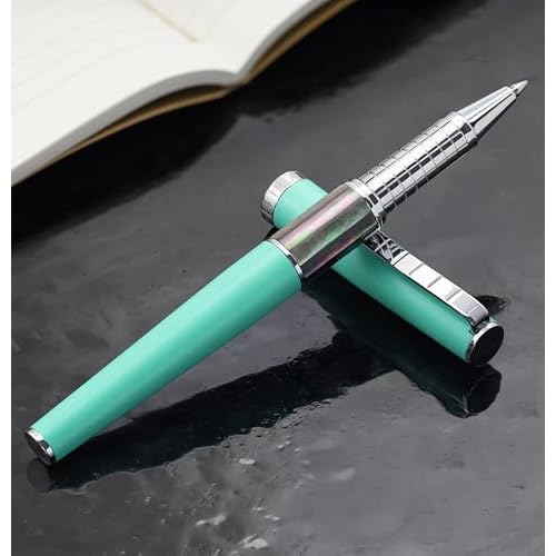 Xezo Speed Master Fine Rollerball Pen. Matte Aqua Green with Tahitian Black Mother of Pearl. Chrome Plated. Lightweight Brass Body. No Two Alike. Etched With a Serial Number