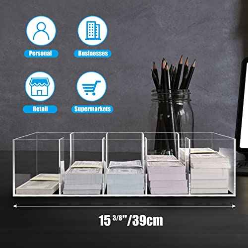 Clear Cash Tray With 300 Currency Wrappers, Acrylic Money Organizer Storage Change Box Case - 5 Compartments