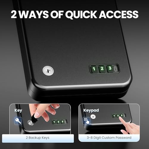Grimtron Portable Pistol Safes ? Electronic Lock Box & Key Access, Silent Mode, Compact Car Gun Safe for Handgun, Small Single Safe for Travel, Office, Dorm Use