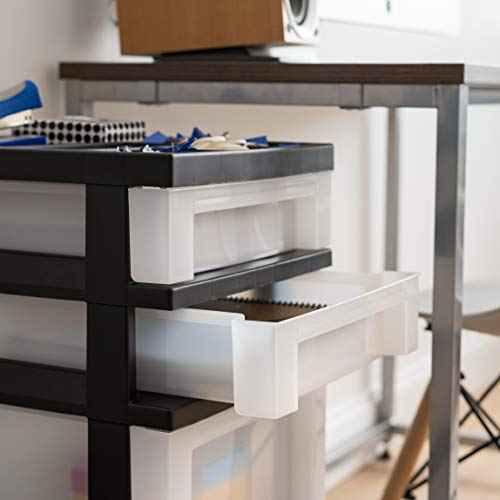 IRIS USA Plastic Drawer Storage Organizer Rolling Cart, with Wheels Casters, 4-Drawers, for Classroom Art Craft Supplies Dresser Closet Bathroom Laundry Room, Black/Pearl