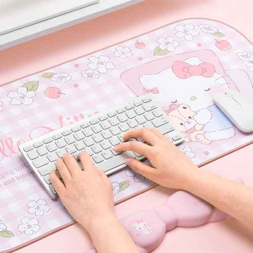 Kawaii Anime Mouse Pad Wrist Rest Support Set - Non-Slip Desk Mat and Memory Foam Bowknot Wrist Rest for Keyboard and Mouse,Perfect for Gaming or Home Office Work - FlowerCat