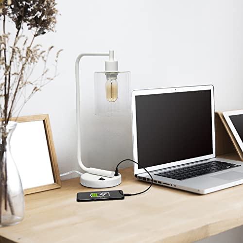 Simple Designs LD1066-WHT-LB Industrial Vintage Bronson Iron Lantern Desk Table Lamp with USB Port and Glass Cylinder Shade for Office, Living Room, Bedroom, White, with Feit LED Bulb Included