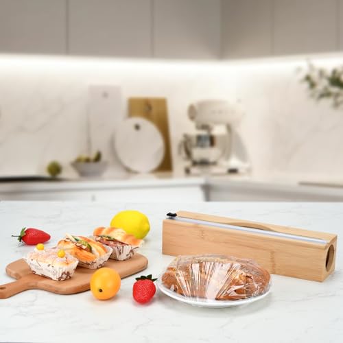 Bamboo Plastic Wrap Dispenser with Cutter, Slide Cling Holder for 12