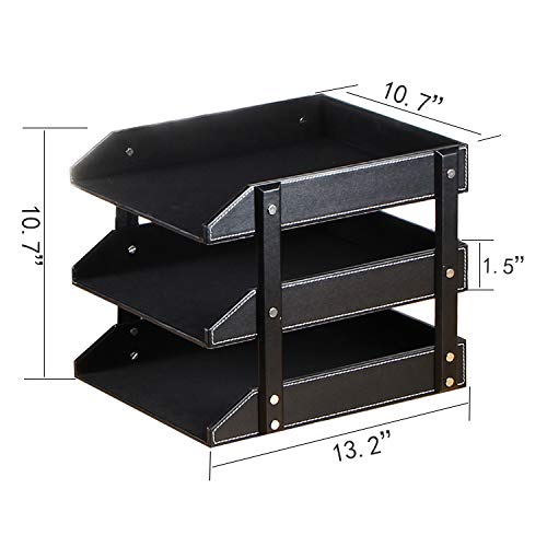 Leather File Trays for Desk Stackable,3-Tier Document Letter Tray,Office Desktop Organizers and Accessories for Folders Stationery Bills Magazine Newspaper (Black)