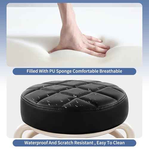 Round Rolling Low Stool- PU Leather Low Stool 360¡Æ More Comfortable Swivel with Thickened Sponge Cushion for Nail Salon, Pedicure, SPA and Home (White Upgrade Edition)