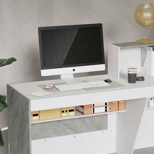 FAMAPY Reception Desk with Shelves, Modern Reception Table with Storage, Front Counter Checkout Table Retail Counter for Lobby Shop, White and Grey, 23.6¡±D x 86.6¡±W x 43.3¡±H