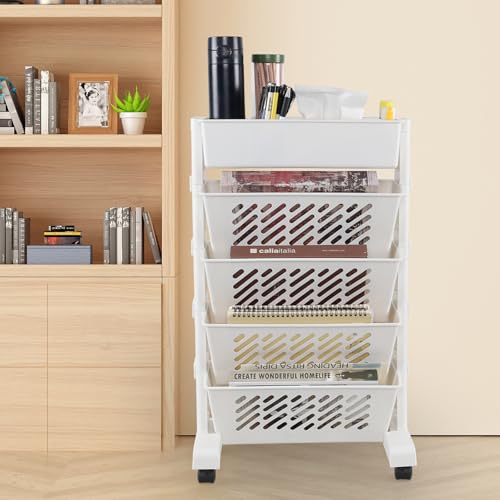 Plastic 5-Tier Rolling Book Cart Storage Utility Shelf
