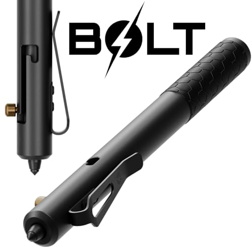 Off-Grid Knives BOLT Tactical Pen with Tungsten Carbide Glass Breaker, Overbuilt Bolt Action XL Writing Tool, Aircraft Aluminum, German Ink, Stainless Steel Clip (Blackout)