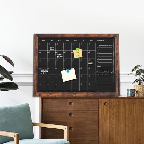 4 THOUGHT Chalkboard Calendar 36" x 24", Magnetic Calendar Chalkboard for Wall Hanging Chalk Boards Sign Menu Board Monthly Planner Rustic Brown Frame for Kitchen Decor Home Office 8 Magnets 1 Marker