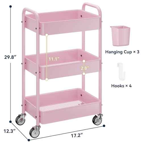 YASONIC 3-Tier Metal Rolling Cart, Heavy Duty Utility Cart with Lockable Wheels, Hanging Cups, Hooks, Mesh Rolling Storage Cart Craft Organizer, Lightweight and Sturdy, Pink