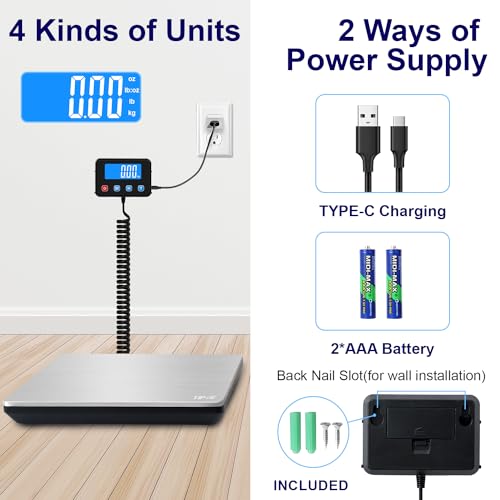 TIPRE 440lb Silver Stainless Steel Heavy Duty Digital Postal Scale with LCD & Type-C